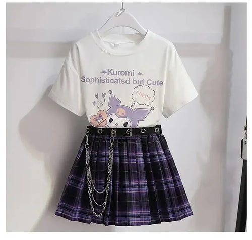 Kawaii Kuromi Short Sleeves Skirt Suit Sanrio Anime Child Preppy Style