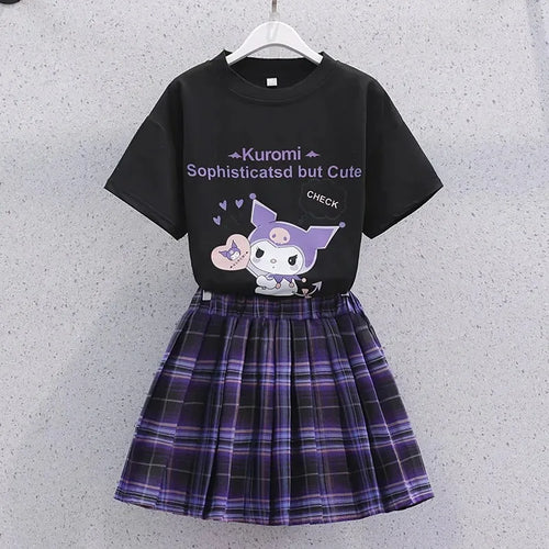 Kawaii Kuromi Short Sleeves Skirt Suit Sanrio Anime Child Preppy Style