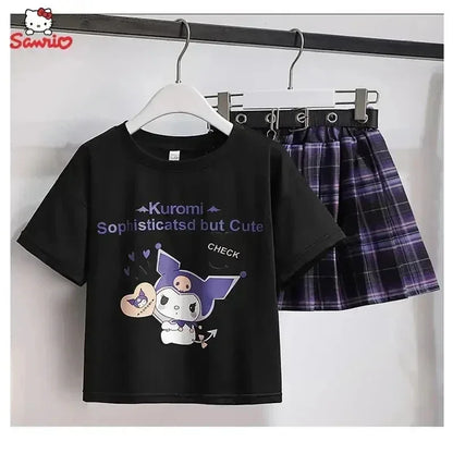 Kawaii Kuromi Short Sleeves Skirt Suit Sanrio Anime Child Preppy Style