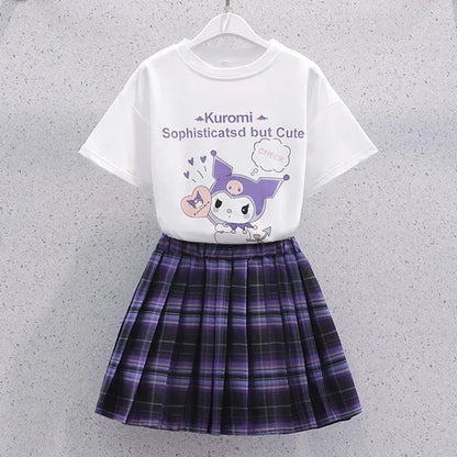 Kawaii Kuromi Short Sleeves Skirt Suit Sanrio Anime Child Preppy Style