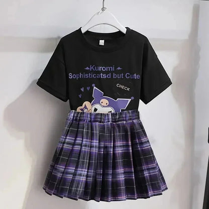 Kawaii Kuromi Short Sleeves Skirt Suit Sanrio Anime Child Preppy Style