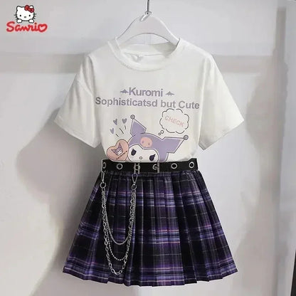 Kawaii Kuromi Short Sleeves Skirt Suit Sanrio Anime Child Preppy Style