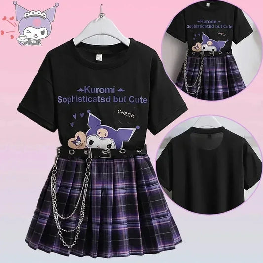 Kawaii Kuromi Short Sleeves Skirt Suit Sanrio Anime Child Preppy Style