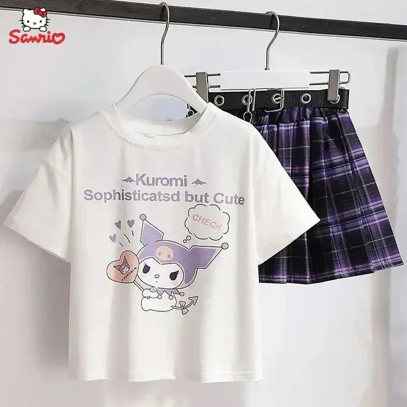 Kawaii Kuromi Short Sleeves Skirt Suit Sanrio Anime Child Preppy Style