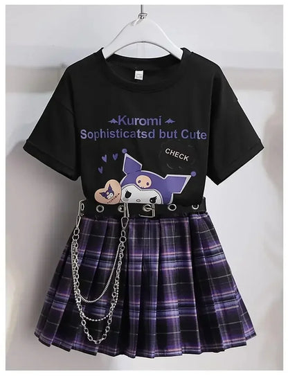 Kawaii Kuromi Short Sleeves Skirt Suit Sanrio Anime Child Preppy Style